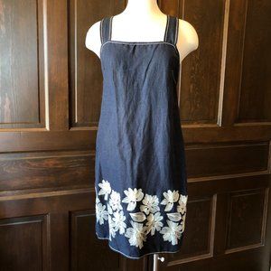 MSSP Max Studio Linen Blend Sundress Navy Blue Embroidered Floral Women's M